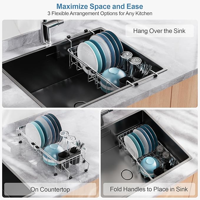 GSlife Expandable in Sink Small Dish Drying Rack - Stainless Steel Capacity Adjustable Over The Sink Dish Rack with Utensil Holder, 11.9“-16.7” L x 9" W x 5.7" H, Silver-HomvellaHome