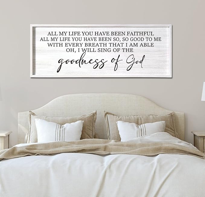 Goodness of God Framed Wall Art, 40''×15'' Positive Religious White Bible Verse for Christian God Jesus Christ Prayer, Vintage Rustic Long Holy Catholic Scripture Decor-HomvellaHome
