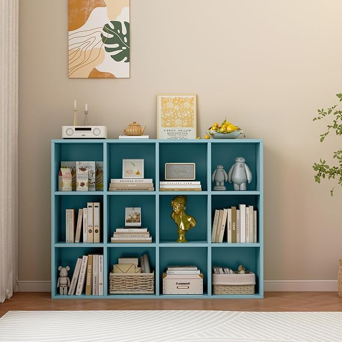 12-Cube Storage Shelf Bookcase - Wooden 3-Tier Floor Standing Open Bookshelf for Home and Office, Display Cabinet, Light Blue-HomvellaHome