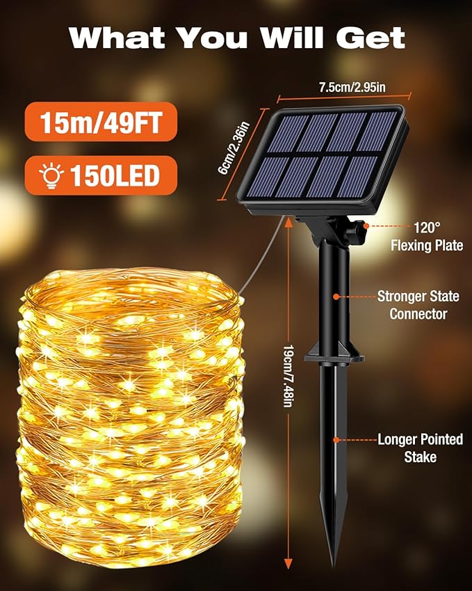 1 Pack Solar Fairy Lights for Outside Waterproof, 49FT/15M 150LED Solar String Lights Outdoor 8 Modes Solar Twinkle Lights for Garden Yard Christmas Tree Wedding Party Decor, Warm White-HomvellaHome