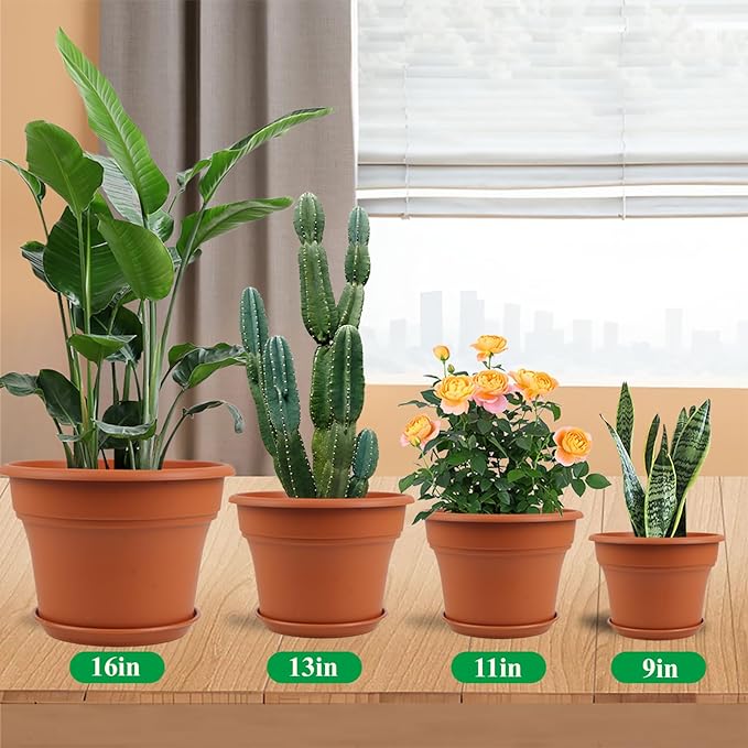 16 inch Plastic-Flower-Pot-for-Indoor-Plants, 4 Pack Large Outdoor Planter Pot with Drainage Holes & Saucers, Resin Decorative Garden Pots Planters-HomvellaHome
