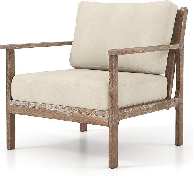 Giantex Mid Century Modern Accent Chair, Wooden Arm Chair w/Solid Wood Frame, Removable Seat Cushion & Pillow, Vintage Comfy Reading Chair for Living Room, Bedroom, Study-HomvellaHome