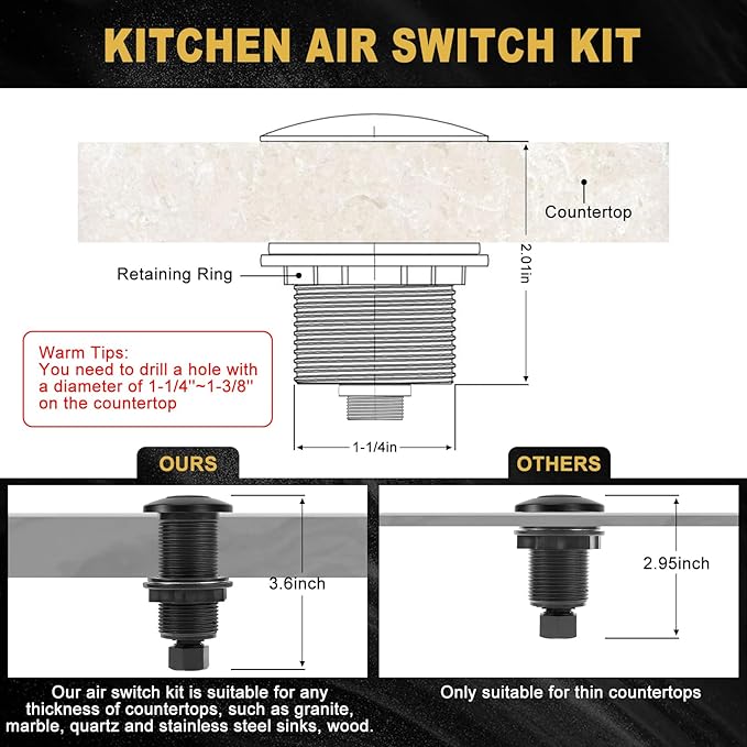 Garbage Disposal Air Switch Kit, Garbage Disposal Button, Sink Top Waste Disposer On/Off Switch, Matte Black (Stainless Steel Cover), UL Listed Air Switch Compatible with All Garbage Disposals-HomvellaHome
