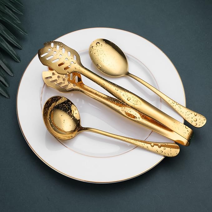 Gold Serving Utensils, OGORI 10-Piece Polished Stainless Steel Gold Serving Utensils Set Include Serving Spoons, Slotted Serving Spoon, Serving Tongs, Serving Fork, Salad Fork, Soup Ladle, Pie Server-HomvellaHome