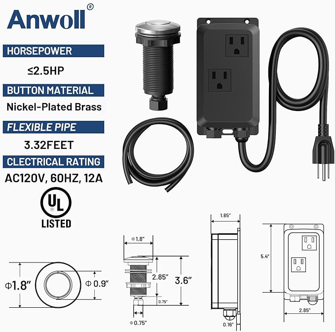 Garbage Disposal Air Switch Kit -Professional- Dual Outlet, Sink Top Waste Disposer On/Off, Garbage Disposal Button, UL Listed-HomvellaHome