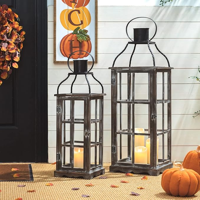 Glitzhome Farmhouse Oversized Wood Metal Lanterns Decorative Hanging Candle Lanterns Set of 2, Black (No Glass)-HomvellaHome