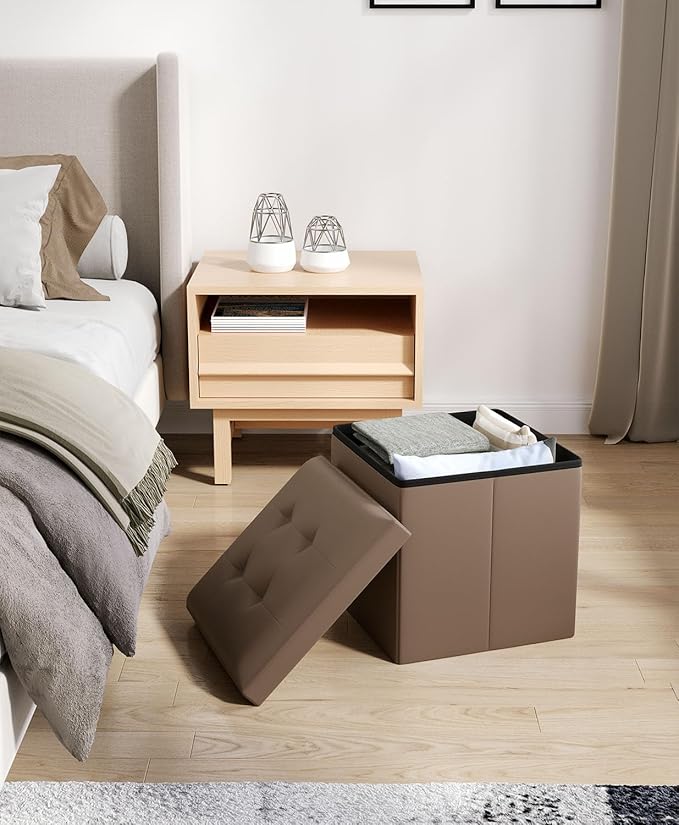 15 Inches Small Folding Storage Ottoman Cube, Storage Footrest, Foot Rest Stool, for Living Room, Bedroom, Dorm, Hallway, Entryway, Brown-HomvellaHome