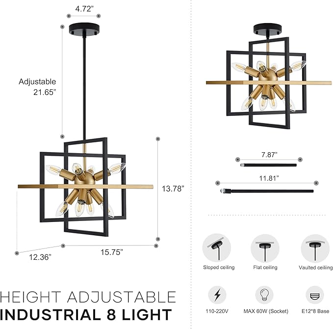 15.8'' Black Gold 8-Light Sputnik Chandelier Modern Industrial Adjustable Hanging Geometric Pendant Light Fixture for Entryway Foyer Stairway Hallway Bedroom Living Room Kitchen Island-HomvellaHome