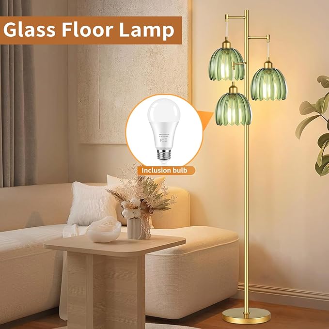 Gold Floor Lamp for Living Room,Bedroom,Mid Century Modern Standing Lamp Brass Tree 3 Light Tall Floor Lamps Vintage Retro Floor Lights Glass Green Flower Lamp Shade Farmhouse Boho Bohemian-HomvellaHome