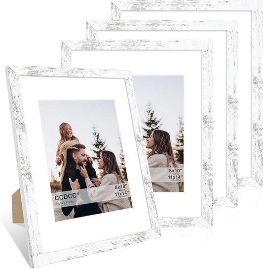 11x14 Picture Frame Set of 4, 11 x 14 Wood Photo Frames with Mat for 8x10, Rustic Natural Wooden Frame with Real Glass Cover for Wall and Tabletop Display,Distressed White-HomvellaHome