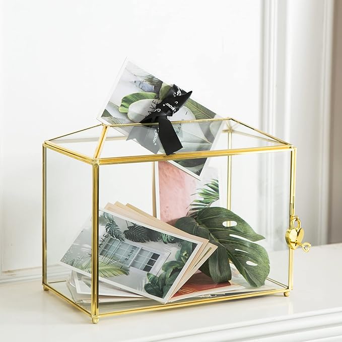 Glass Wedding Card Box with Slot, Large Clear Card Box 10.2 inch Gold Brass Gift Card Storage Box with Lock for Wedding Receptions, Baby Shower, Birthday Party, Bridal Shower-HomvellaHome