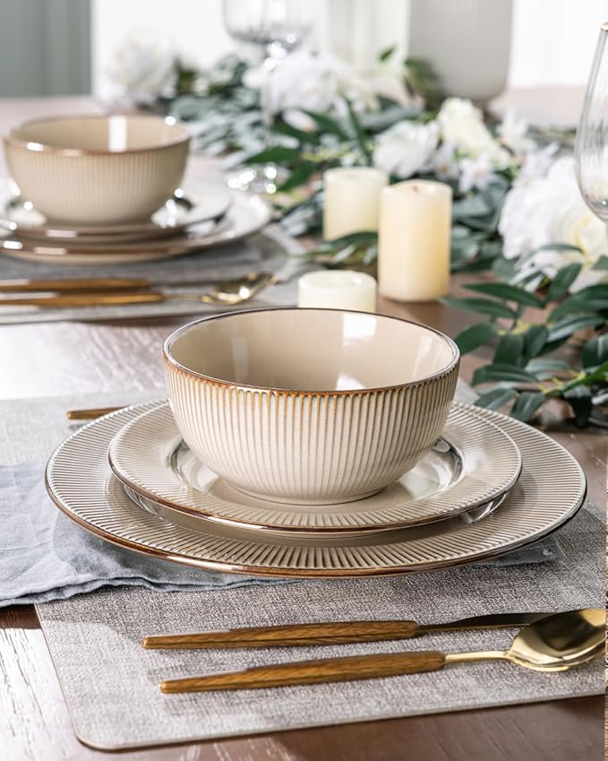 GBHOME Ceramic Dinnerware Sets,12 pcs Embossed Elegant Stoneware Plates and Bowls Sets, Housewarming Wedding Gift | Dishwasher & Microwave Safe | Dishes Set Service for 4-HomvellaHome