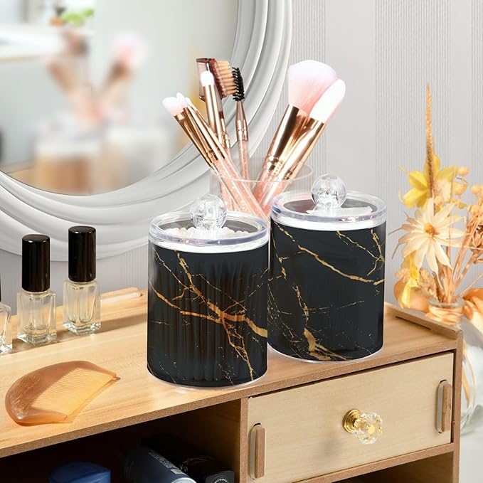2 Pack Qtip Holder Organizer Dispenser Gold Black Marble Texture Bathroom Storage Canister Cotton Ball Holder Container for Cotton Pads/Swabs/Floss-HomvellaHome