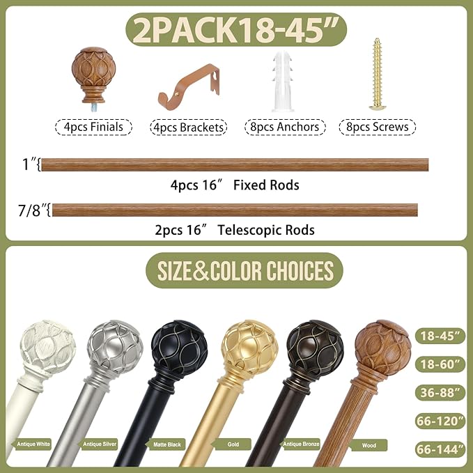 2 Pack Wood Curtain Rods for Windows 28 to 48 Inch(2.3-4Ft),1 Inch Adjustable Curtain Rod,Heavy Duty Curtain Rods,Wooden Netted Texture Drapery Rods,Single Window Curtain Rod 18-45",Brown Wood-HomvellaHome