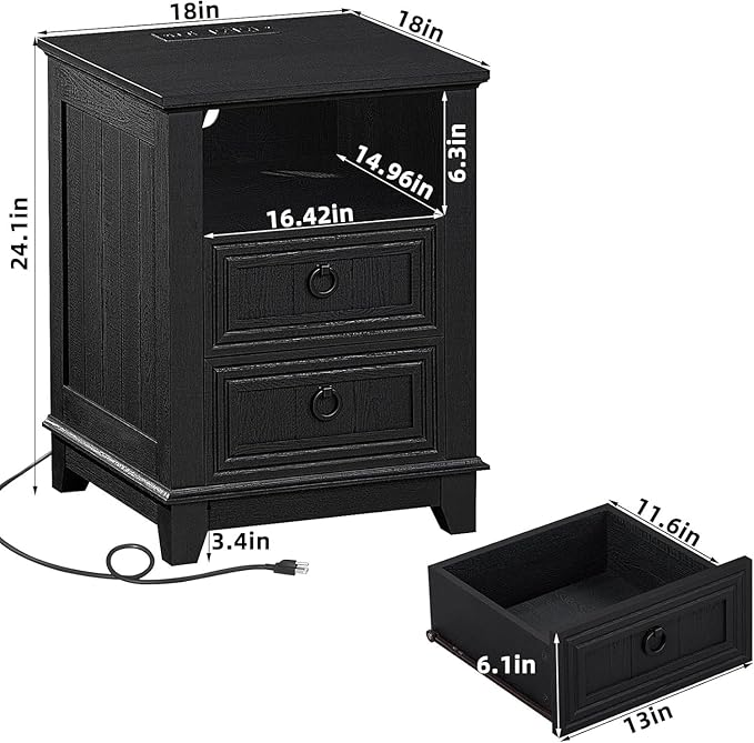 18" Night Stands Set of 2 with Charging Station, Farmhouse 2 & 3 Drawers End Table Dresser for Bedroom, Black Wooden Nightstand, Bed Side Table with Open Shelf, Bedside Cabinet for Living Room-HomvellaHome