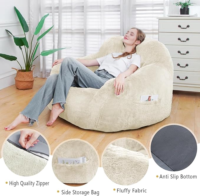 Giant Bean Bag Chair, Oversized Bean Bag Chairs for Adults and Kids, Gaming Chair Stuffed Memory Foam | Storage | Non-Slip, Removable Bean Bag Sofa Comfy Chair for Bedroom, Livingroom (Beige)-HomvellaHome
