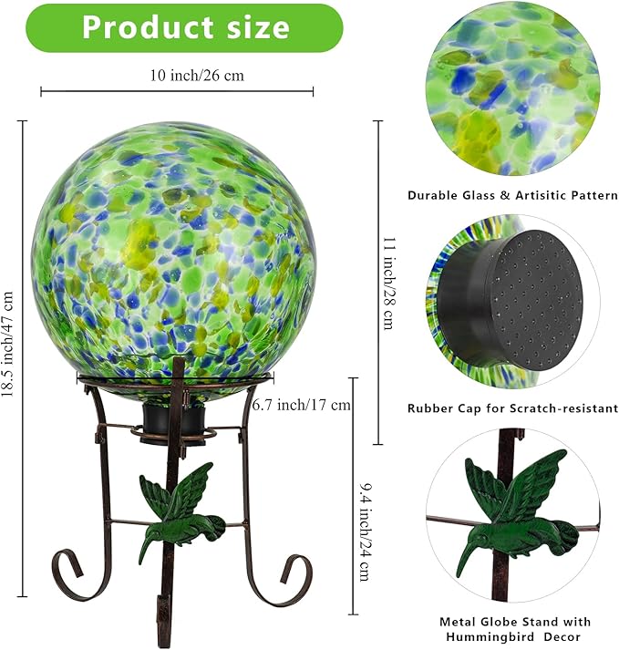 10 Inch Glass Gazing Ball, with 9.4" Tall Metal Gazing Globe Stand, Glass Balls Display Holder Set for Outdoor Garden Lawn Yard Decoration, Bright Summer Burst-HomvellaHome