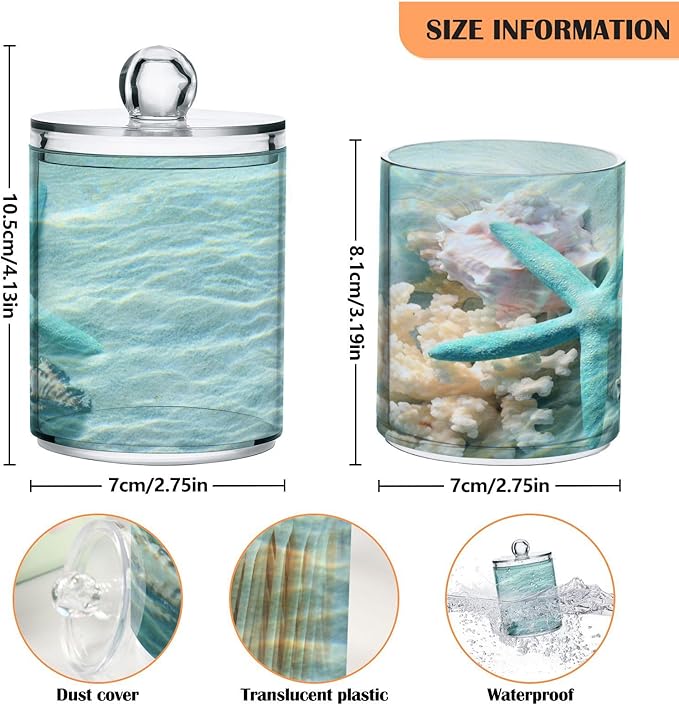 2 Pack Qtip Holder Organizer Dispenser Seashell Starfish Summer Beach Bathroom Storage Canister Cotton Ball Holder Container for Cotton Swabs/Pads/Floss-HomvellaHome