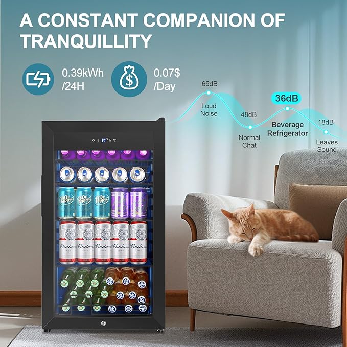 128 Cans Beverage Refrigerator Cooler, 3.2 Cu.Ft Mini Drink Fridge Glass Door for Drink Beer Soda Wine, Small Beer Fridge with 4 Removable Shelves for Kitchen Bedroom, Office Bar Gaming Room, Black-HomvellaHome