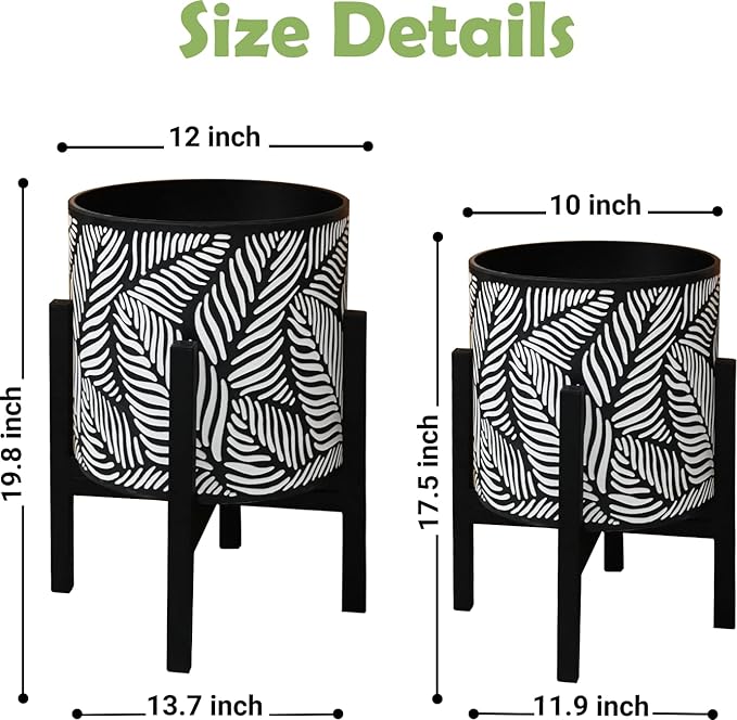 10 & 12 Inches Plant Pot with Stand Set of 2, Decorative Palm Leaves Printing Planter with Holder, Garden Pot for Snake Plant, Monstera, Houseplants - Indoor Outdoor Flower Pots with Drainage Holes-HomvellaHome