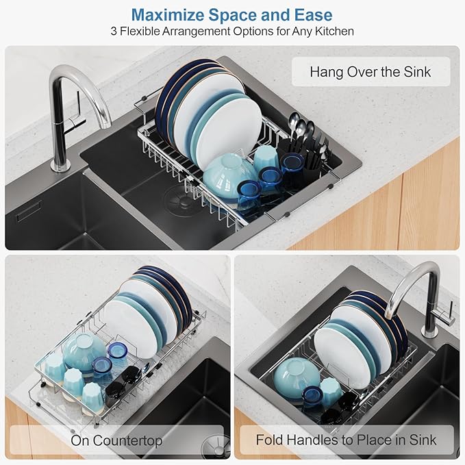 GSlife in Sink Dish Drying Rack - Stainless Steel Capacity Expandable Over The Sink Dish Drainer with Lock Knob and Utensil Holder for Kitchen Sink, 10.8"-17.9" L x 12.8" W, Silver-HomvellaHome