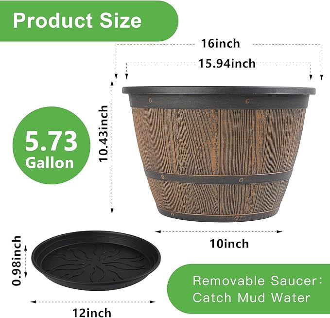16-inch-Plant-Pots-Indoor-Outdoor, 4 Pack Large Whiskey Barrel Planters with Drainage Holes & Saucer, Plastic Flower Pots Imitation Wine Barrel Design, Decorative Garden Pots for Plants-HomvellaHome