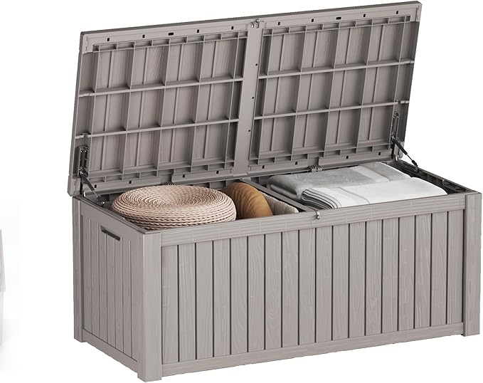 150 Gallon Resin Deck Box, Waterproof Outdoor Storage Bin for Patio Furniture, Pool Accessories, and Garden Tools, Lockable & UV-Resistant, Grey-HomvellaHome