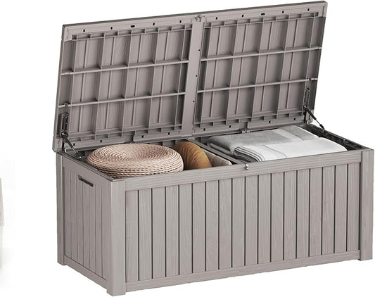 150 Gallon Resin Deck Box, Waterproof Outdoor Storage Bin for Patio Furniture, Pool Accessories, and Garden Tools, Lockable & UV-Resistant, Grey-HomvellaHome