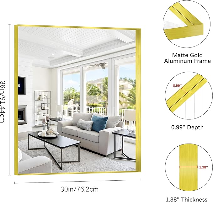 Gold Bathroom Mirror, 30x36 Inch Rectangular Framed Mirror, Large Wall Mounted Bathroom Vanity Mirror Over Sink for Bedroom,Restroom, Living Room, Hangs Vertically or Horizontally-HomvellaHome
