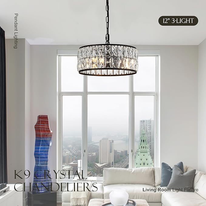 12” 3-Light Modern Crystal Chandeliers Black Dinning Room Light Fixture, Round Pendant Light Kitchen Island Chandelier, Flush Mount Ceiling Light for Living Room Entryway Bedroom Foyer-HomvellaHome