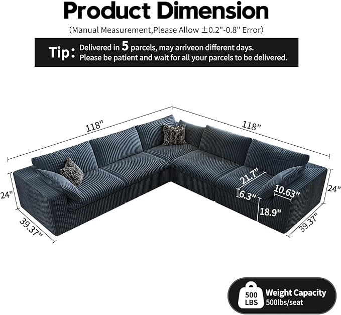 118" Cloud Couch Oversized Modular Sectional Sofa for Living Room,Modern Sofa with Deep Seat，V Shaped Boneless Couch,Comfy Upholstered Corduroy Couches for Apartment, Studio, Office,Bedroom，Blue-HomvellaHome