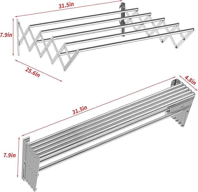 Guevara Wall Mounted Clothes Drying Rack,Stainless Steel Foldable Drying Rack for Laundry Room/Bathroom Tower，Easy to Install 31-inch Rod, 120 lbs Large Capacity- Indoor and Outdoor Use-HomvellaHome