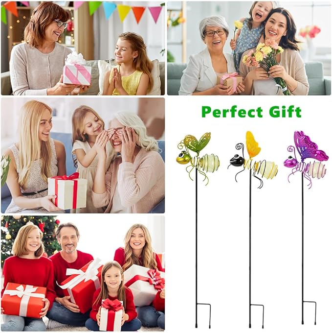 Garden Decor for Outside,3 Pcs Luminous Insect Garden Decorative Stakes,Glow in The Dark Bee Lights Metal Yard Art,Waterproof Outdoor Spring Lawn Patio Pathway Decoration for Mom,Women,Grandma-HomvellaHome