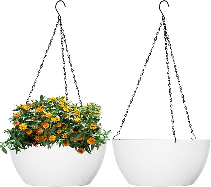 10 inch Hanging Planters for Outdoor Indoor Plants with Drainage Holes and Chain, 2 Pack Round Hanging Flower Plant Pots for Garden Home Porch Decor, White-HomvellaHome