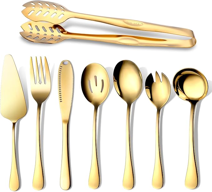 Gold Serving Utensils, OGORI 8-Piece Polished Stainless Steel Flatware Silverware Set Include Serving Spoon, Slotted Spoon, Cake Server, Soup Ladle, Fork, Salad Fork, Butter Knife, Serving Tong-HomvellaHome