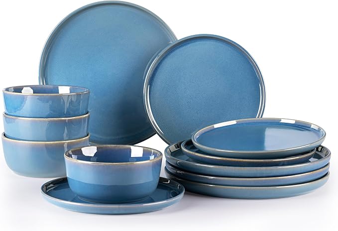 GBHOME Ceramic Dinnerware Sets for 4, 12 Pieces Stoneware Plates and Bowls Sets, Reactive Glaze Dishes -Scratch Resistant, Dishwasher&Microwave Safe-Alaskan Blue-HomvellaHome