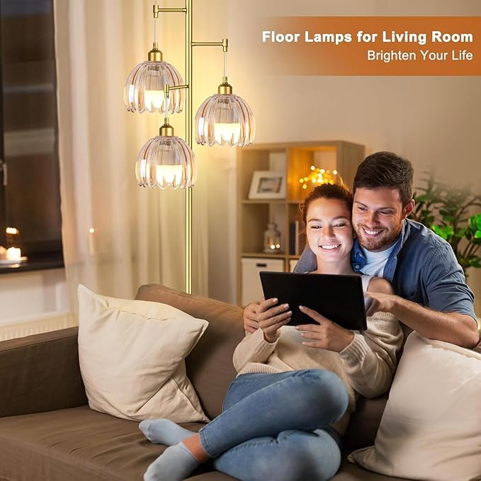 Gold Floor Lamp for Living Room,Bedroom,Tree 3 Light Standing Lamp Mid Century Modern Brass Tall Floor Lamps Vintage Retro Floor Lights Glass Flower Amber Lamp Shade Farmhouse Boho Bohemian-HomvellaHome