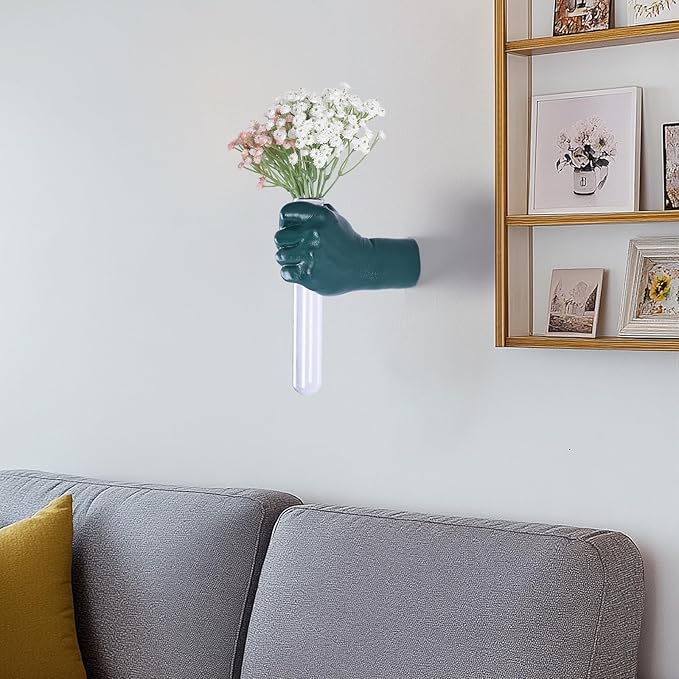 Green Wall Sculptures, Hand Vases Home Decor, Wall Mount Art Sculpture, Unique Wall Art Statue, Funky Flower Vase Decorations, Modern Eclectic Hanging Decor,Glass Test Tube Vase-HomvellaHome