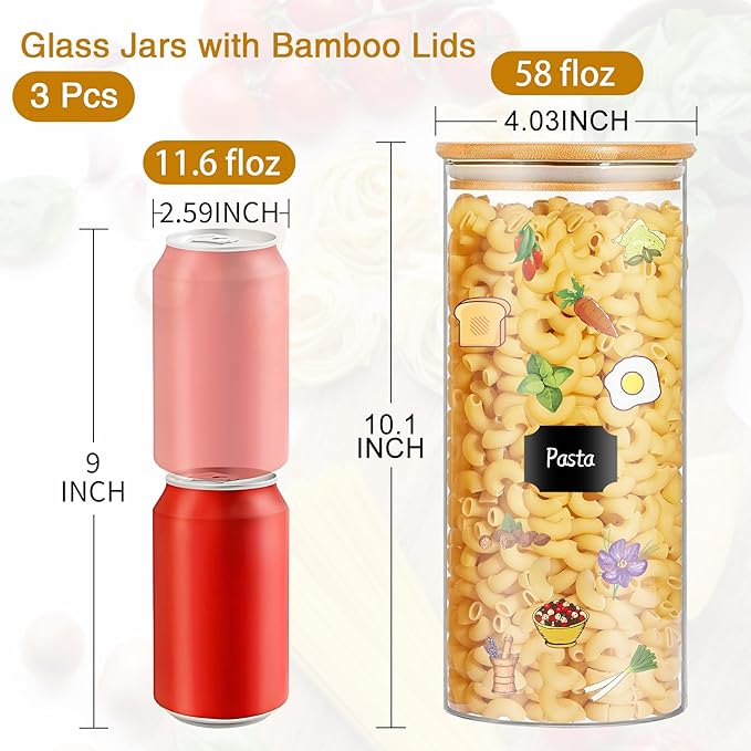 Glass Jars with Bamboo Lids, 58 oz 3 Pcs Kitchen Glass Containers with Bamboo Lids, Airtight Glass Pantry Storage Containers with Lids for Rice, Flour, Nuts, Cookie, Pasta, Oatmeal, Bean-HomvellaHome