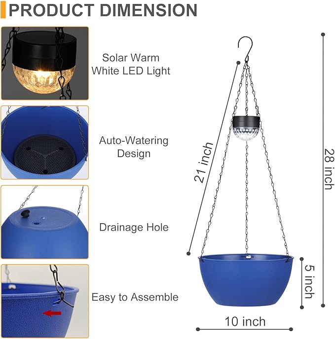 2 Packs Hanging Planters Basket for Outdoor Plants, Solar Powered Self Watering Blue Round Plastic Flower Pots with Drainer for Balcony Patio Garden Outdoor Decoration-HomvellaHome