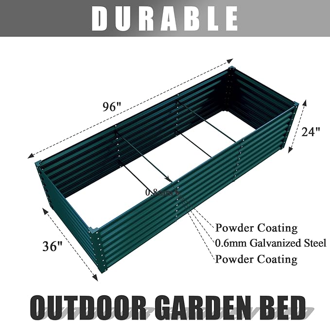 1 Pack 8x3x2FT Galvanized Raised Garden Bed Kit Retangular Metal Ground Planter Box Outdoor Bottomless Planter Raised Beds for Vegetables Flowers Herbs Fruits, Green-HomvellaHome