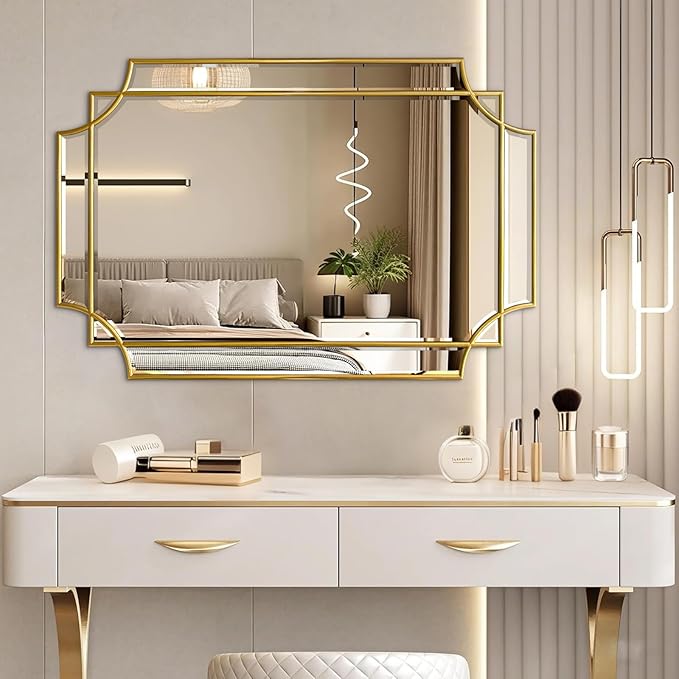 Gold Mirror for Wall, 36x24 Gold Wood Framed, Scalloped Beveled Polished Rectangle Mirror, Large Decorative Mirrors for Wall Decor, Irregular Mirror for Living Room, Bathroom Vanity, Entryway-HomvellaHome