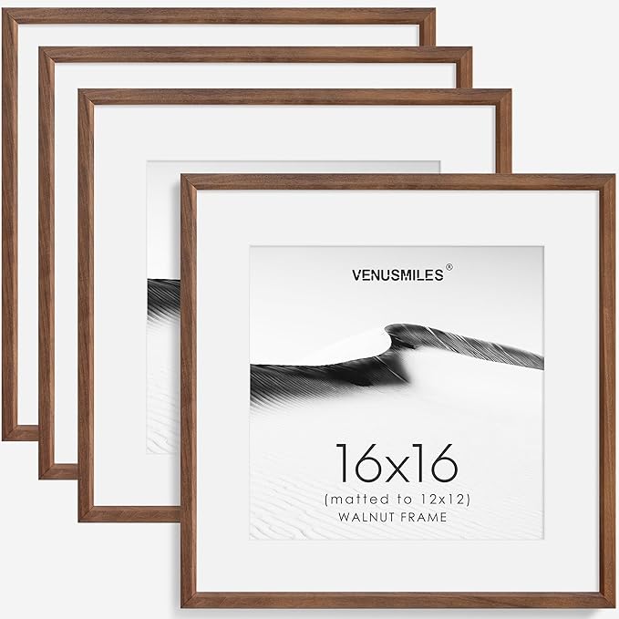 16x16 Picture Frame Set of 4 Natural Solid Walnut Photo Frames with 12x12 Removable Mat Wall Hanging Large Handcrafted Frame with HD Plexiglass Wall and Tabletop Display Large Poster Frame-HomvellaHome