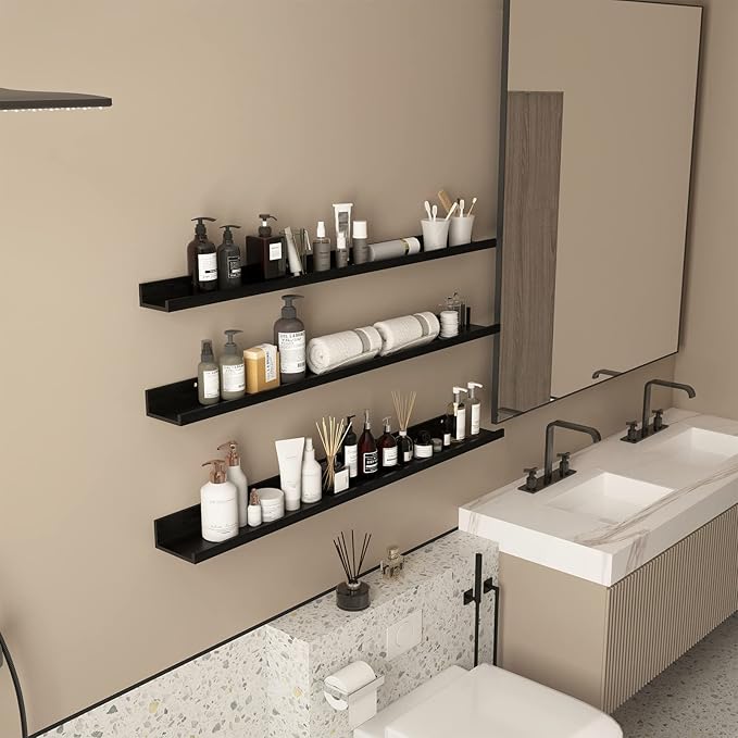 Giftgarden 47 Inch Black Floating Shelves Ledge, Wall Mount Long Picture Rail Large Woodgrain Photo Shelving for Living Room Bedroom Office, Set of 3 Different Sizes-HomvellaHome