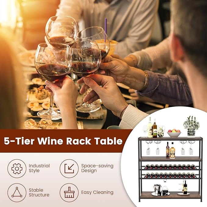 GOFLAME Industrial Wine Rack Table, Wine Bar Cabinet with 2-Tier Wine Rack, 4 Row Glass Holder and Storage Shelves, Freestanding Floor Liquor Storage Stand for Kitchen, Dining Room, Rustic Brown-HomvellaHome