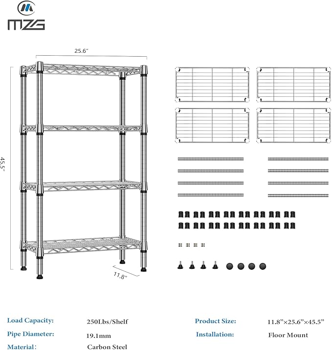 1000 lbs 4 Tier Shelf Metal Storage Shelves Wire Rack Closet Organizers for Garage Kitchen Bathroom Laundry Chrome 11.8" D x 25.6" W x 45.5" H-HomvellaHome