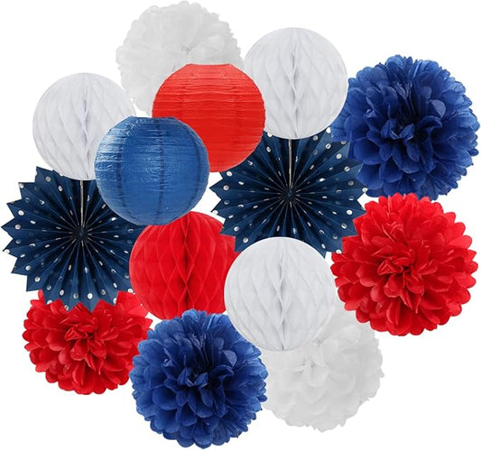 Fourth-4th of July-Imemorial Party-Decorations Lanterns - 14pcs Red White Blue Graduation Paper Streamers Fan,Tissue Pom Poms Streamer,Honeycomb Balls,USA Patriotic America Independence Decor Ouruola