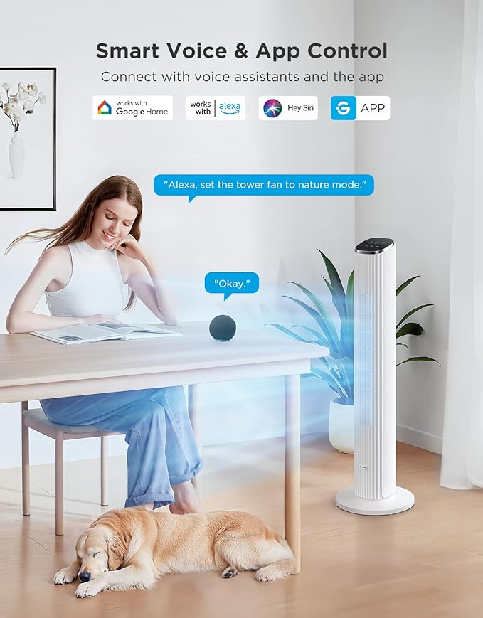 GoveeLife White Tower Fan for Bedroom, 36" Smart Floor Fan with App/Voice Control, Temperature Sensor, 5 Modes 8 Speeds(25ft/s), 29dB Quiet Oscillating Fan for Office, 24H Timer, Auto Cooling-HomvellaHome
