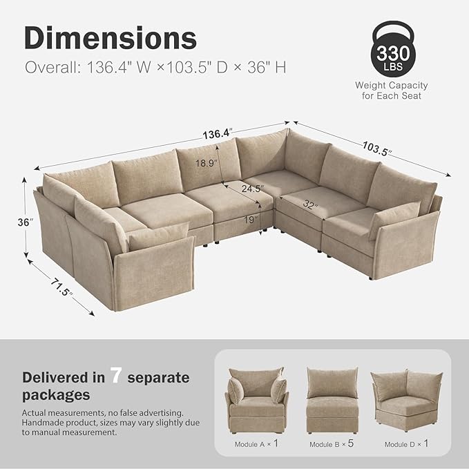 136.4" Oversized Modular Sectional Sofa, U Shaped Convertible Couch with Movable Ottoman, Large 7 Seat Corner Couches for Living Room Deep Seat Beige Chenille-HomvellaHome