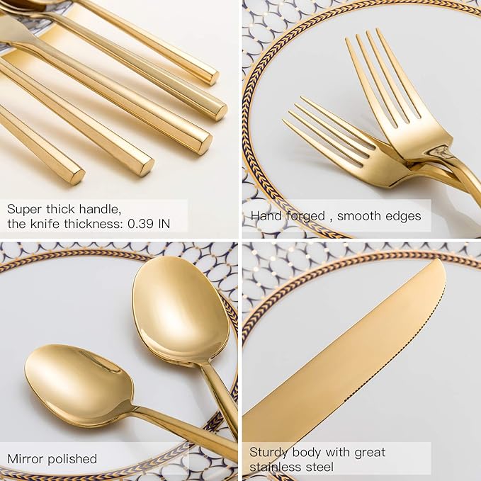Gold Silverware Set Flatware Set Stainless Steel Cutlery Set 60 Pieces Thick Heavy Hexagon Handle Service for 12-HomvellaHome